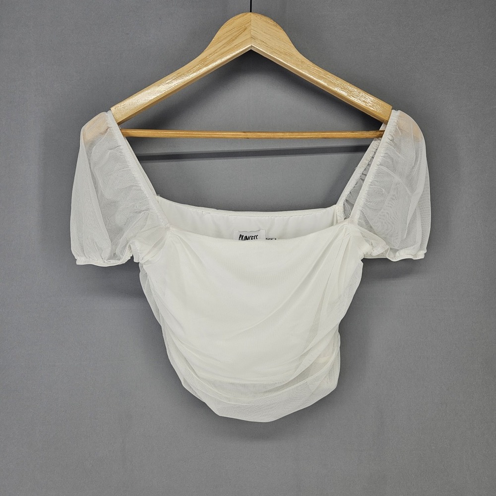 Princess Polly Crop Top Sz 4 White Ruched Mesh‎ Puff Sleeve Square Neck Romantic